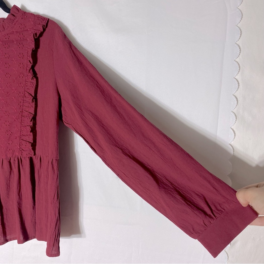 5/$25 Shein Burgundy High Collar Eyelet Ruffle Peplum Blouse L - Picture 10 of 15